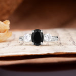 Luxurious Vintage 4-Prong Oval Cut Black Onyx Three Stones Engagement Ring - Additional view