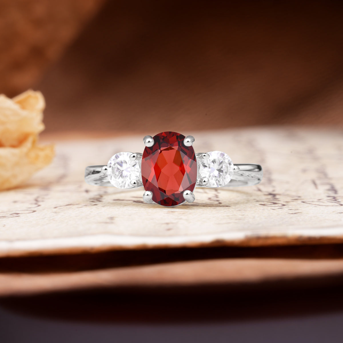 Luxurious Vintage 4-Prong Oval Cut Garnet Three Stones Engagement Ring - Additional view