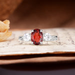 Luxurious Vintage 4-Prong Oval Cut Garnet Three Stones Engagement Ring - Additional view
