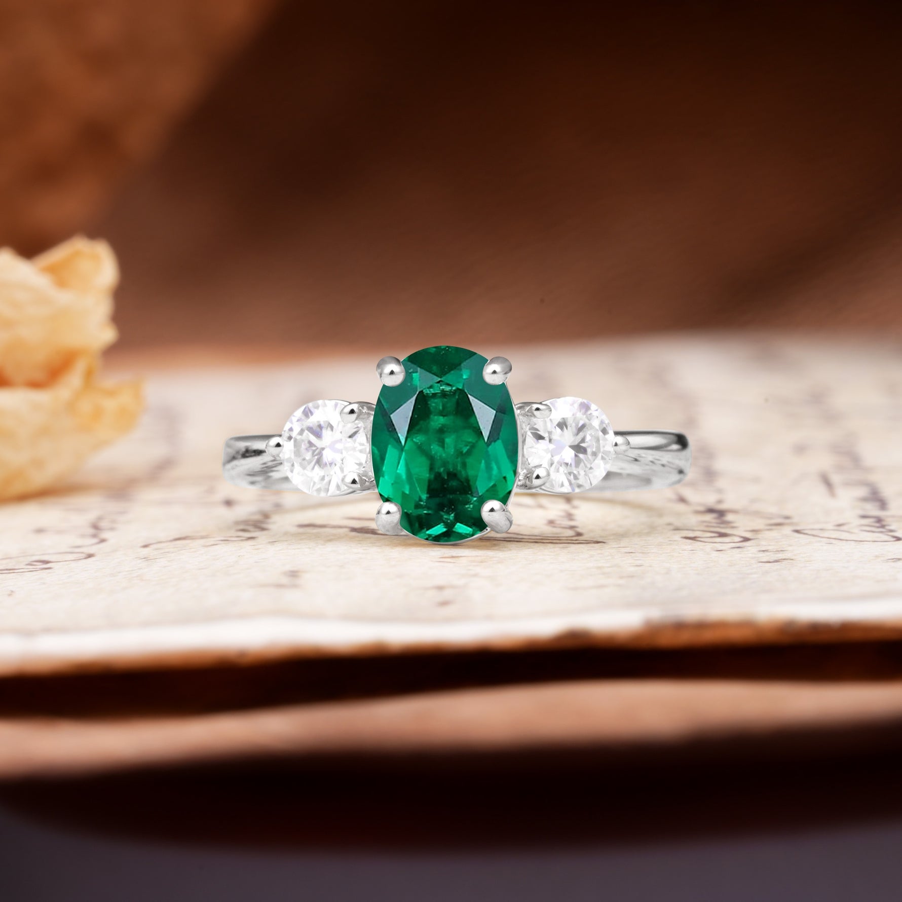 Luxurious Vintage 4-Prong Oval Cut Emerald Three Stones Engagement Ring - Additional view