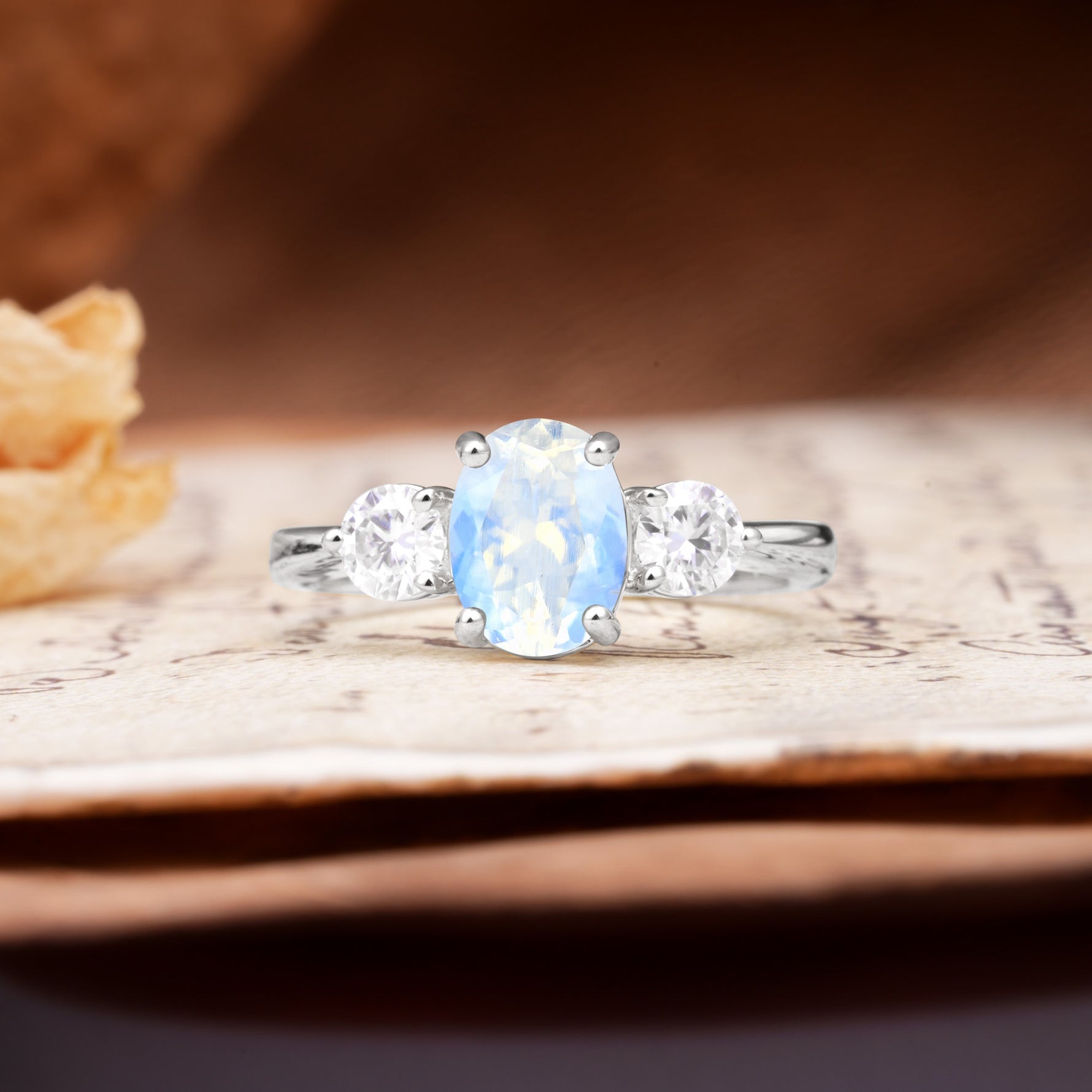 Luxurious Vintage 4-Prong Oval Cut Moonstone Three Stones Engagement Ring - Additional view