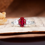 Luxurious Vintage 4-Prong Oval Cut Ruby Three Stones Engagement Ring - Additional view