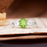 Luxurious Vintage 4-Prong Oval Cut Peridot Three Stones Engagement Ring - Additional view