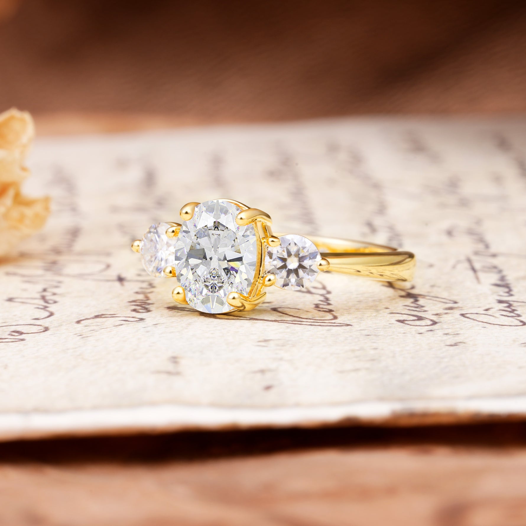 Luxurious Vintage 4-Prong Oval Cut Moissanite Three Stones Engagement Ring - Additional view