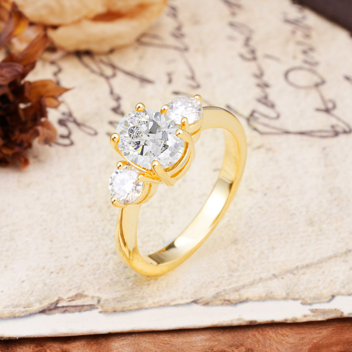 Luxurious Vintage 4-Prong Oval Cut Moissanite Three Stones Engagement Ring - Additional view