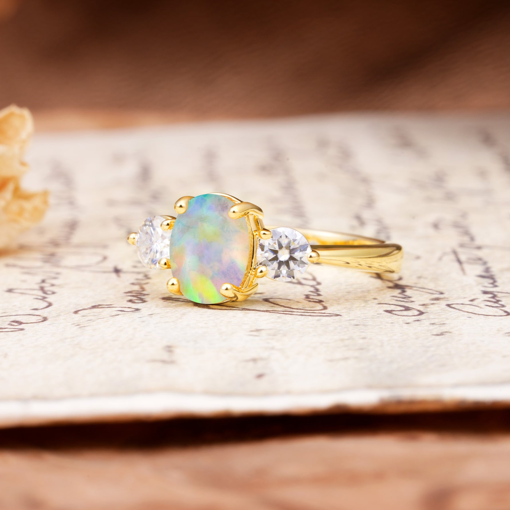 Luxurious Vintage 4-Prong Oval Cut Fire Opal Three Stones Engagement Ring - Additional view