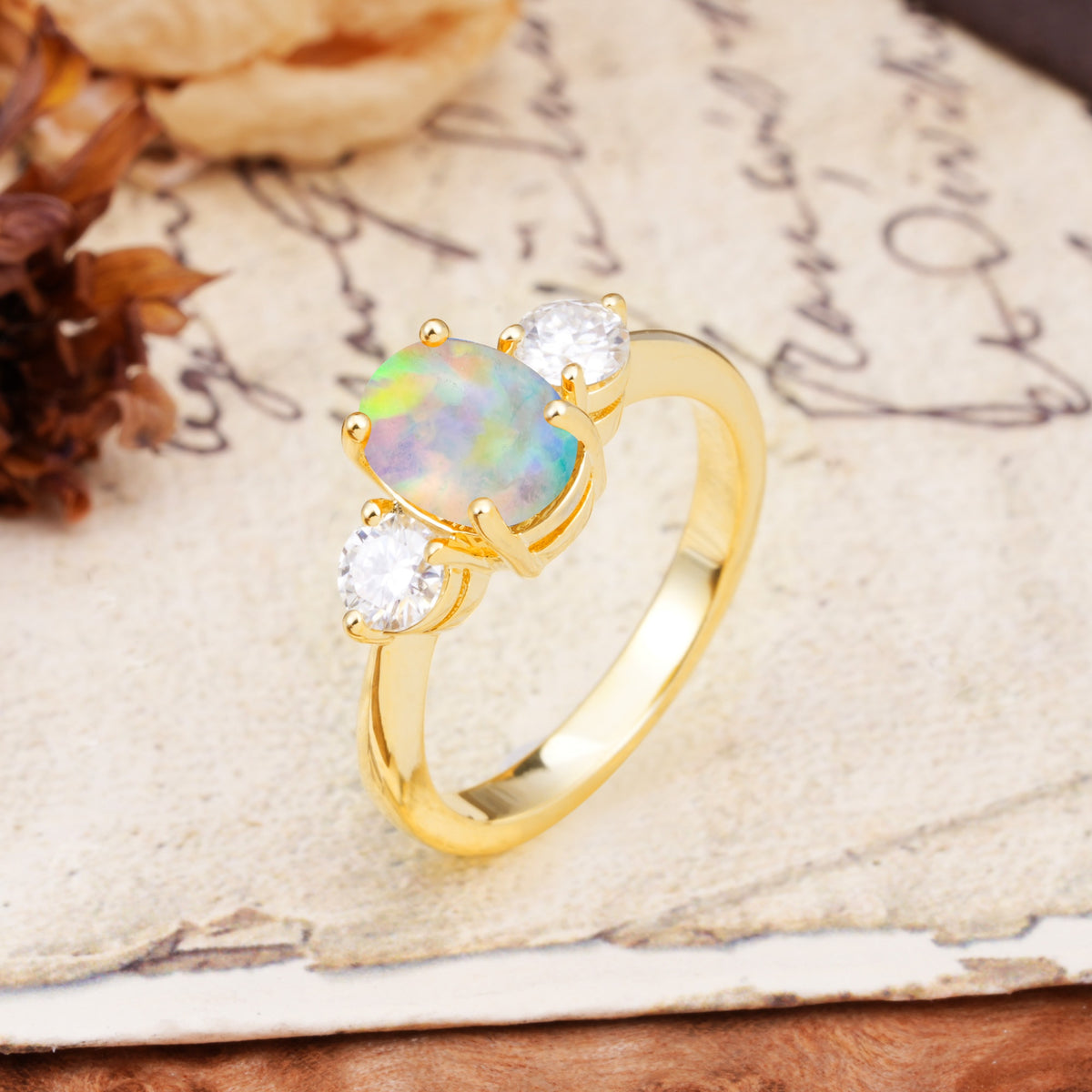 Luxurious Vintage 4-Prong Oval Cut Fire Opal Three Stones Engagement Ring - Additional view