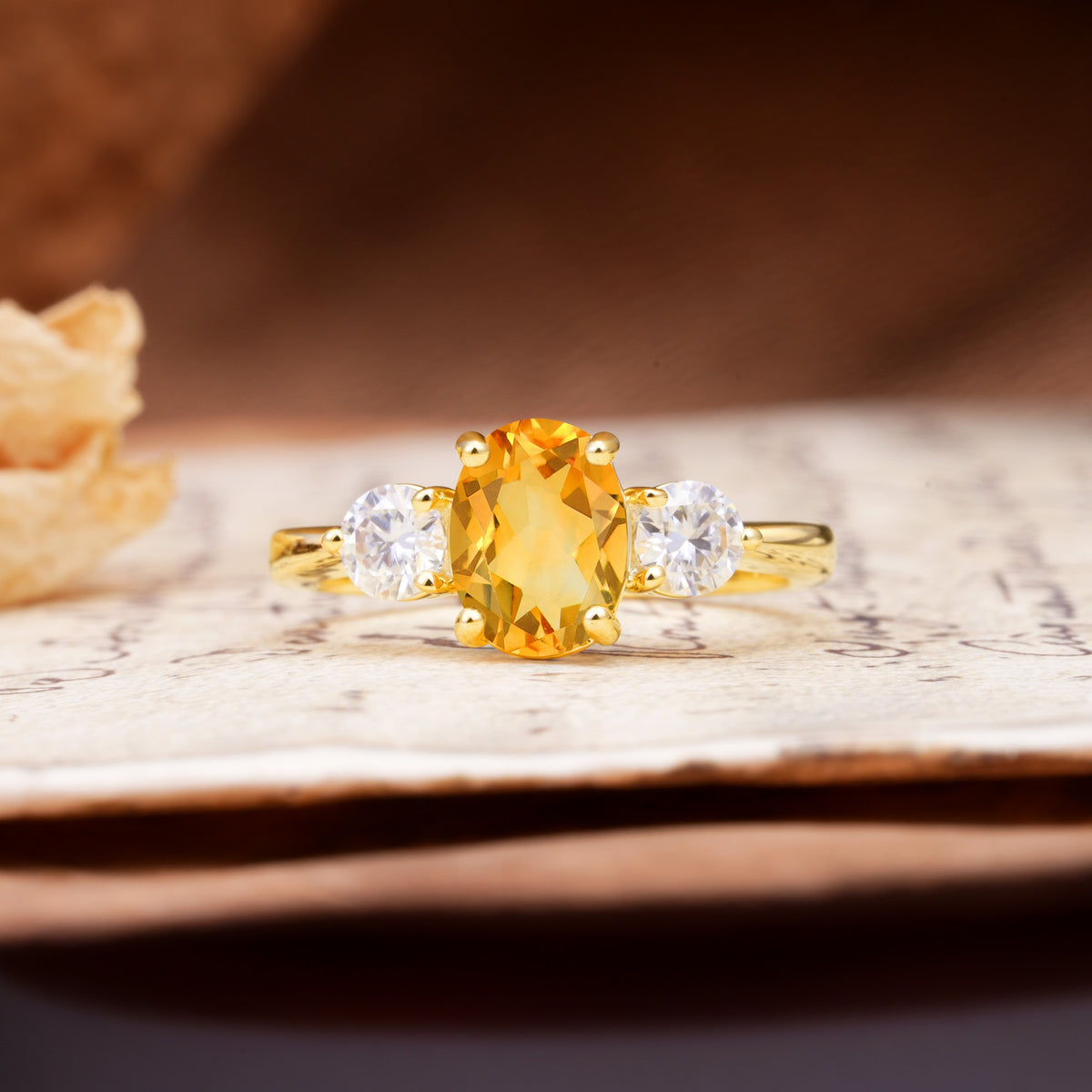 Luxurious Vintage 4-Prong Oval Cut Citrine Three Stones Engagement Ring - Additional view