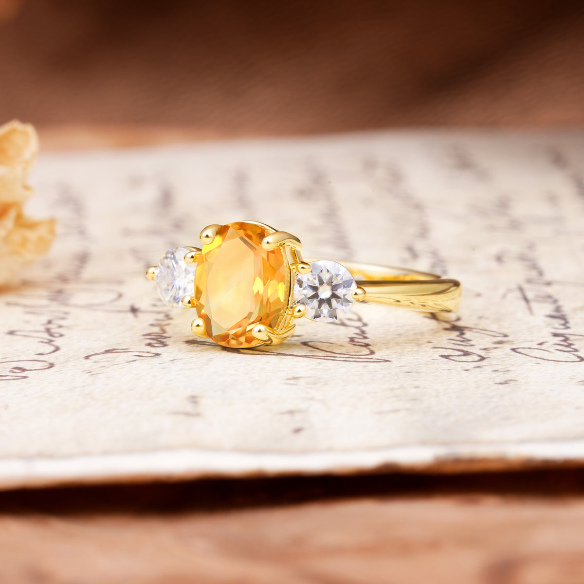 Luxurious Vintage 4-Prong Oval Cut Citrine Three Stones Engagement Ring - Additional view