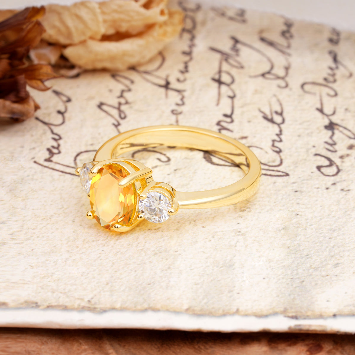 Luxurious Vintage 4-Prong Oval Cut Citrine Three Stones Engagement Ring - Additional view