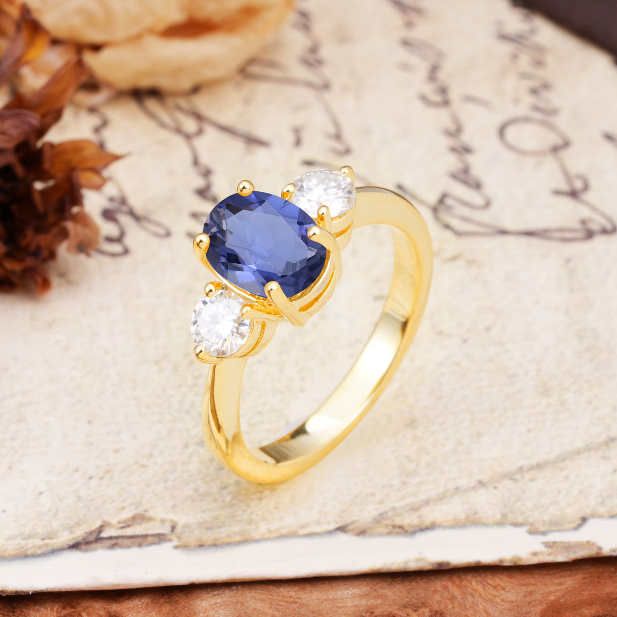 Luxurious Vintage 4-Prong Oval Cut Tanzanite Three Stones Engagement Ring - Additional view