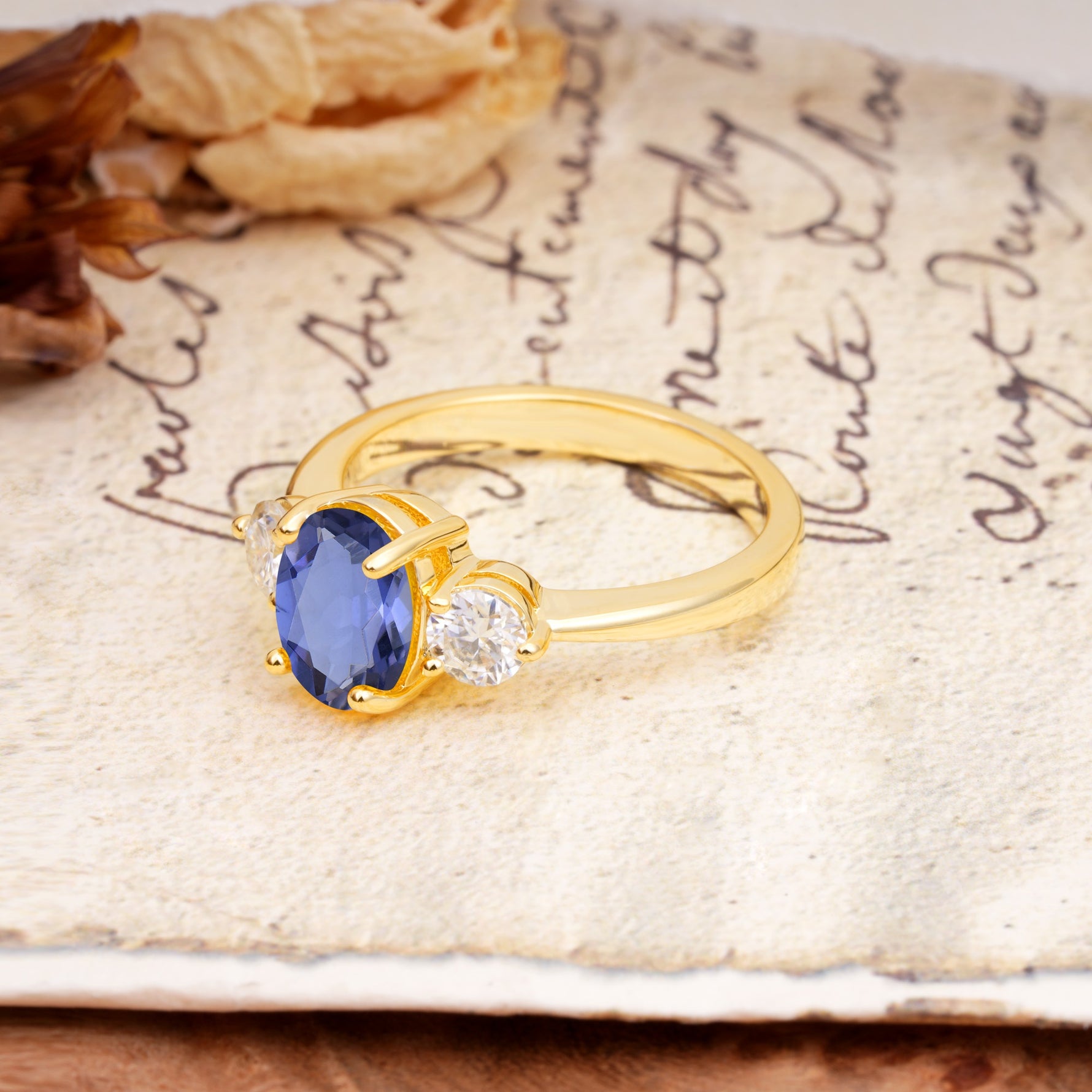 Luxurious Vintage 4-Prong Oval Cut Tanzanite Three Stones Engagement Ring - Additional view