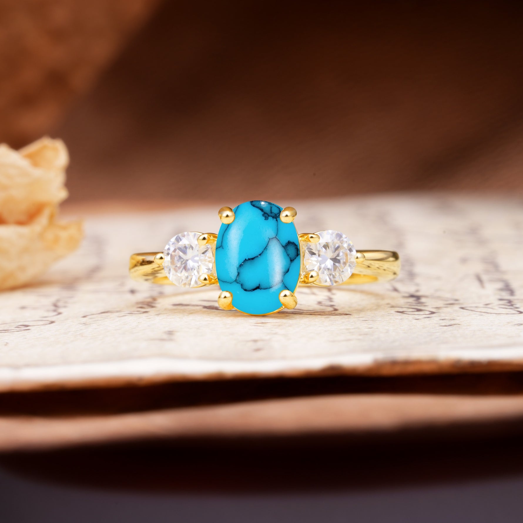 Luxurious Vintage 4-Prong Oval Cut Turquoise Three Stones Engagement Ring - Additional view