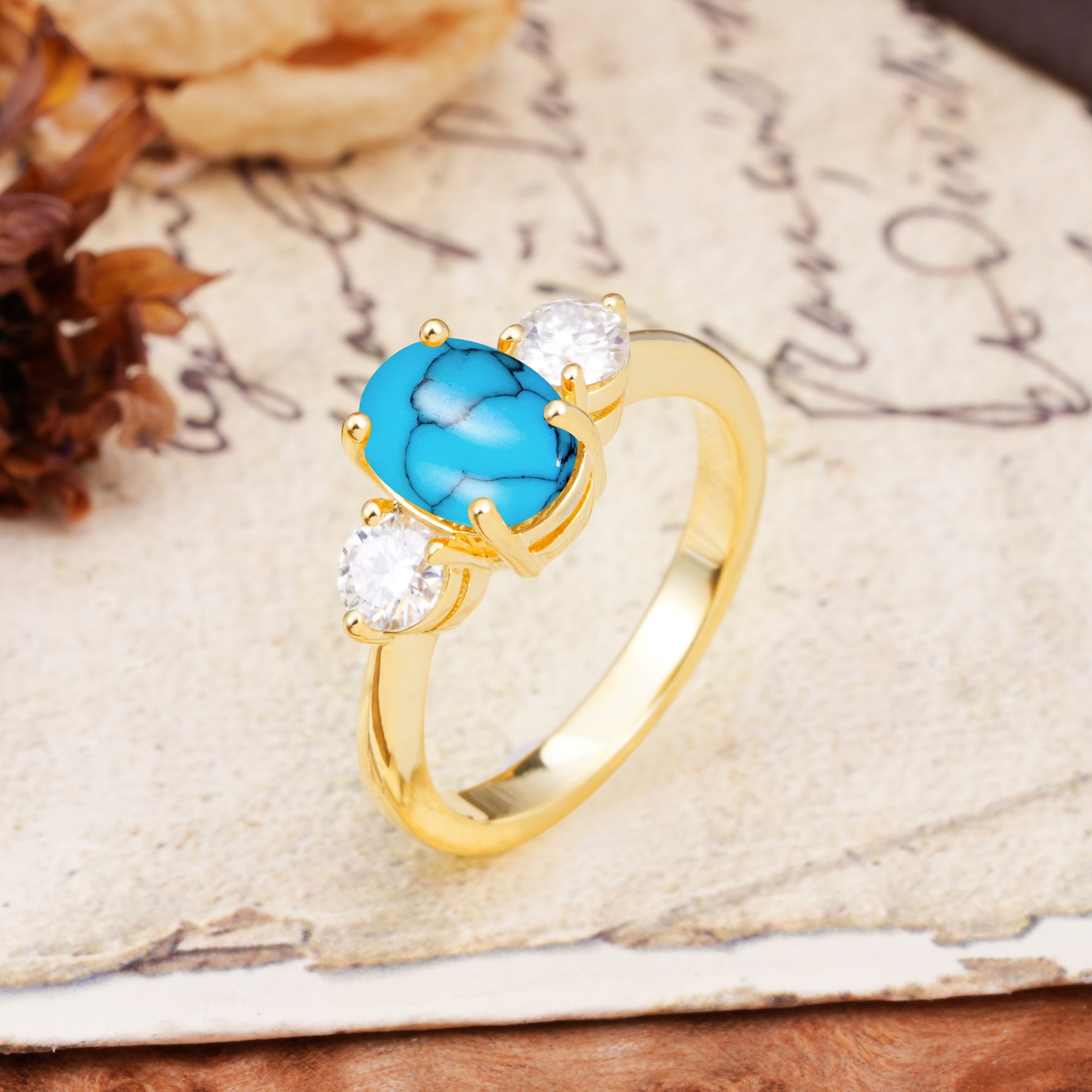 Luxurious Vintage 4-Prong Oval Cut Turquoise Three Stones Engagement Ring - Additional view