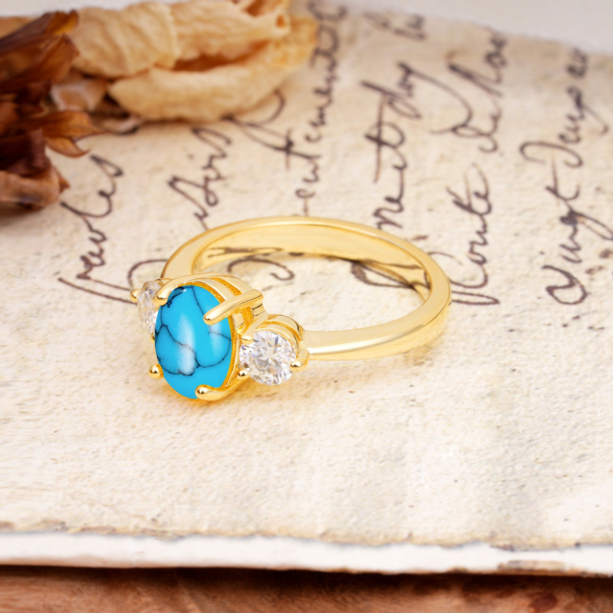 Luxurious Vintage 4-Prong Oval Cut Turquoise Three Stones Engagement Ring - Additional view