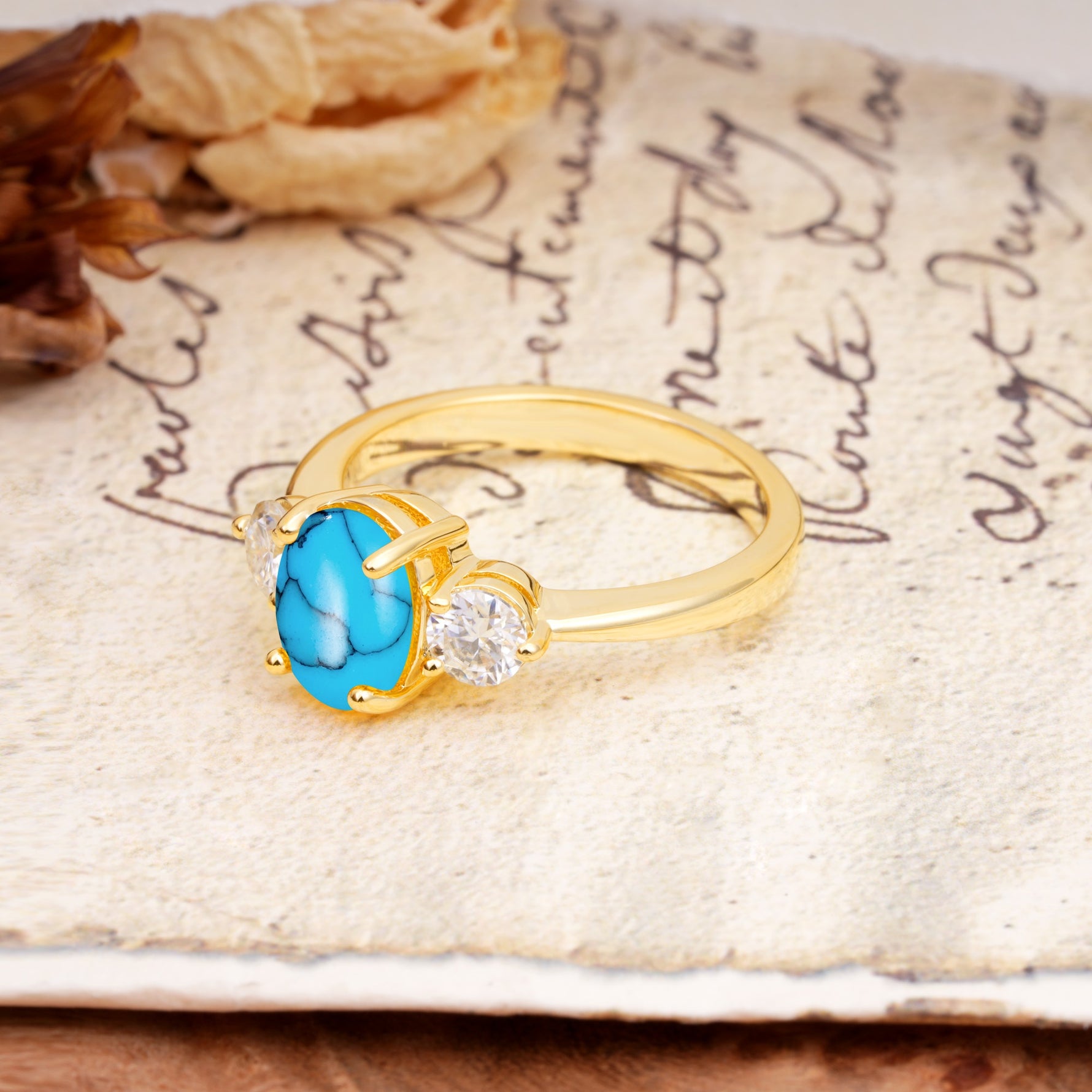 Luxurious Vintage 4-Prong Oval Cut Turquoise Three Stones Engagement Ring - Additional view