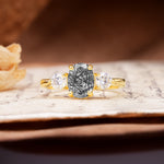 Luxurious Vintage 4-Prong Oval Cut Black Rutilated Quartz Three Stones Engagement Ring - Additional view