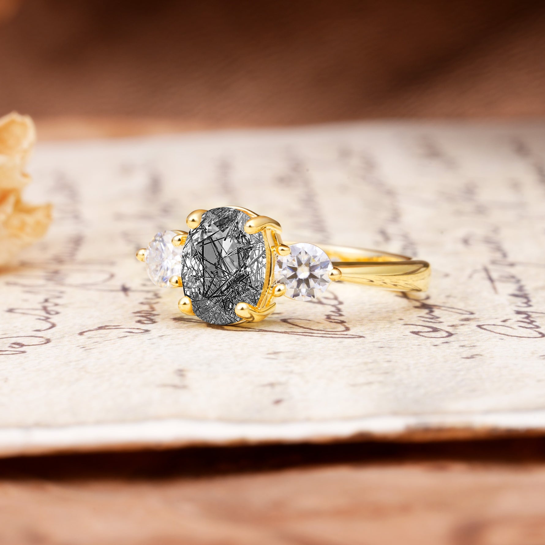 Luxurious Vintage 4-Prong Oval Cut Black Rutilated Quartz Three Stones Engagement Ring - Additional view