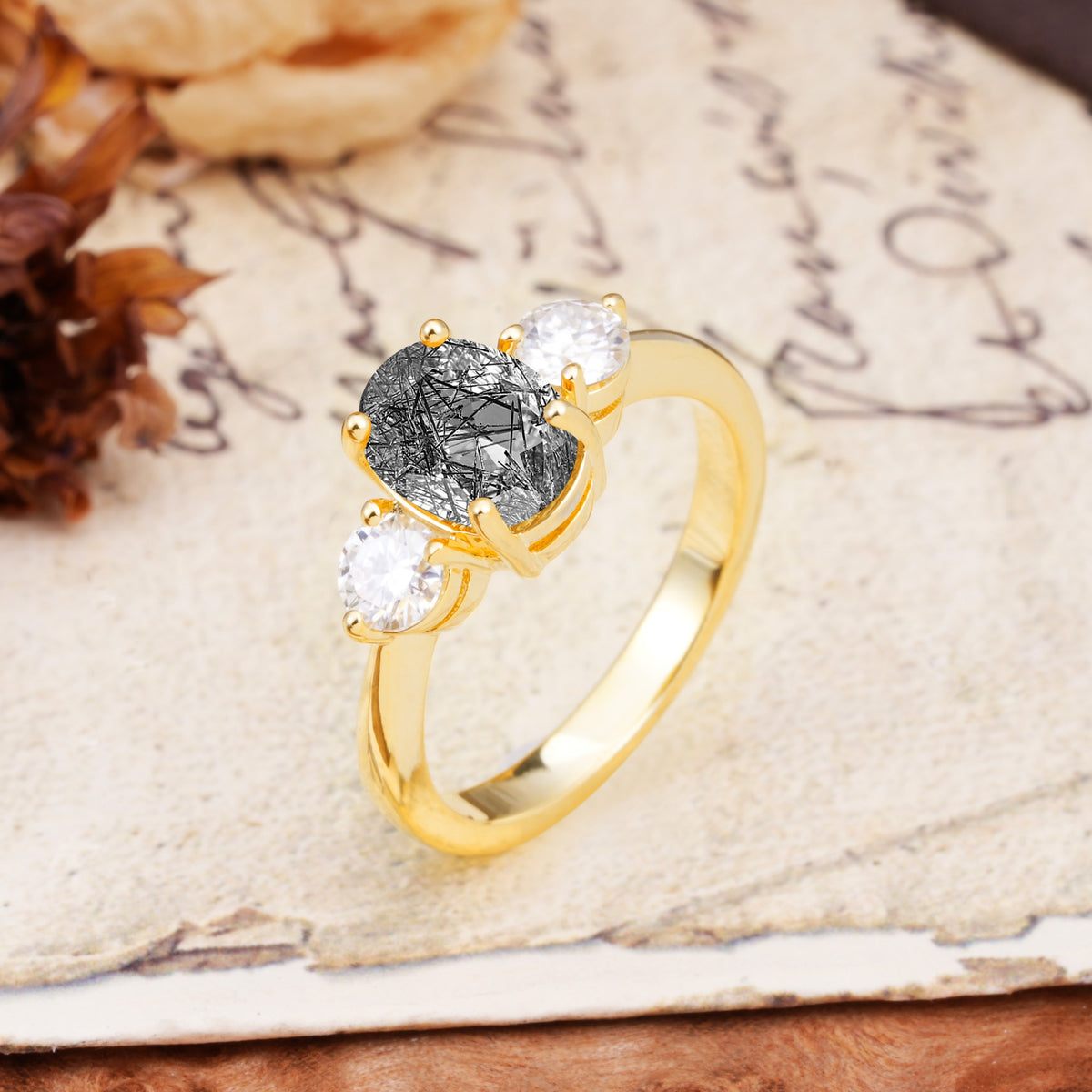 Luxurious Vintage 4-Prong Oval Cut Black Rutilated Quartz Three Stones Engagement Ring - Additional view