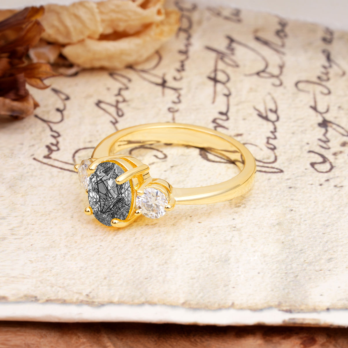 Luxurious Vintage 4-Prong Oval Cut Black Rutilated Quartz Three Stones Engagement Ring - Additional view
