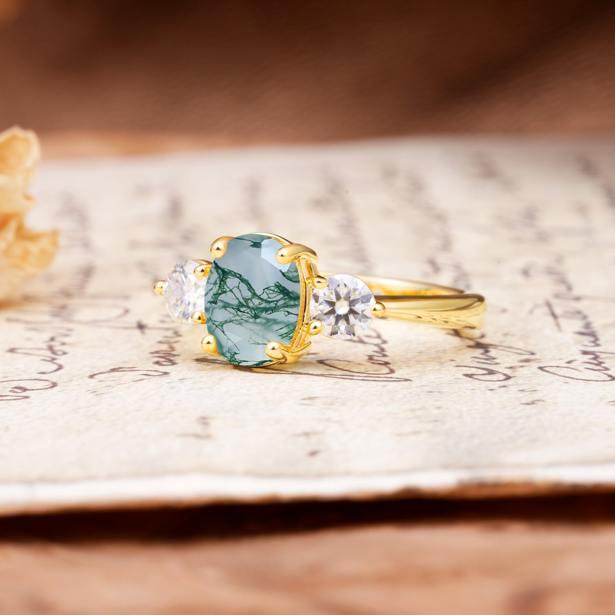 Luxurious Vintage 4-Prong Oval Cut Moss Agate Three Stones Engagement Ring - Additional view