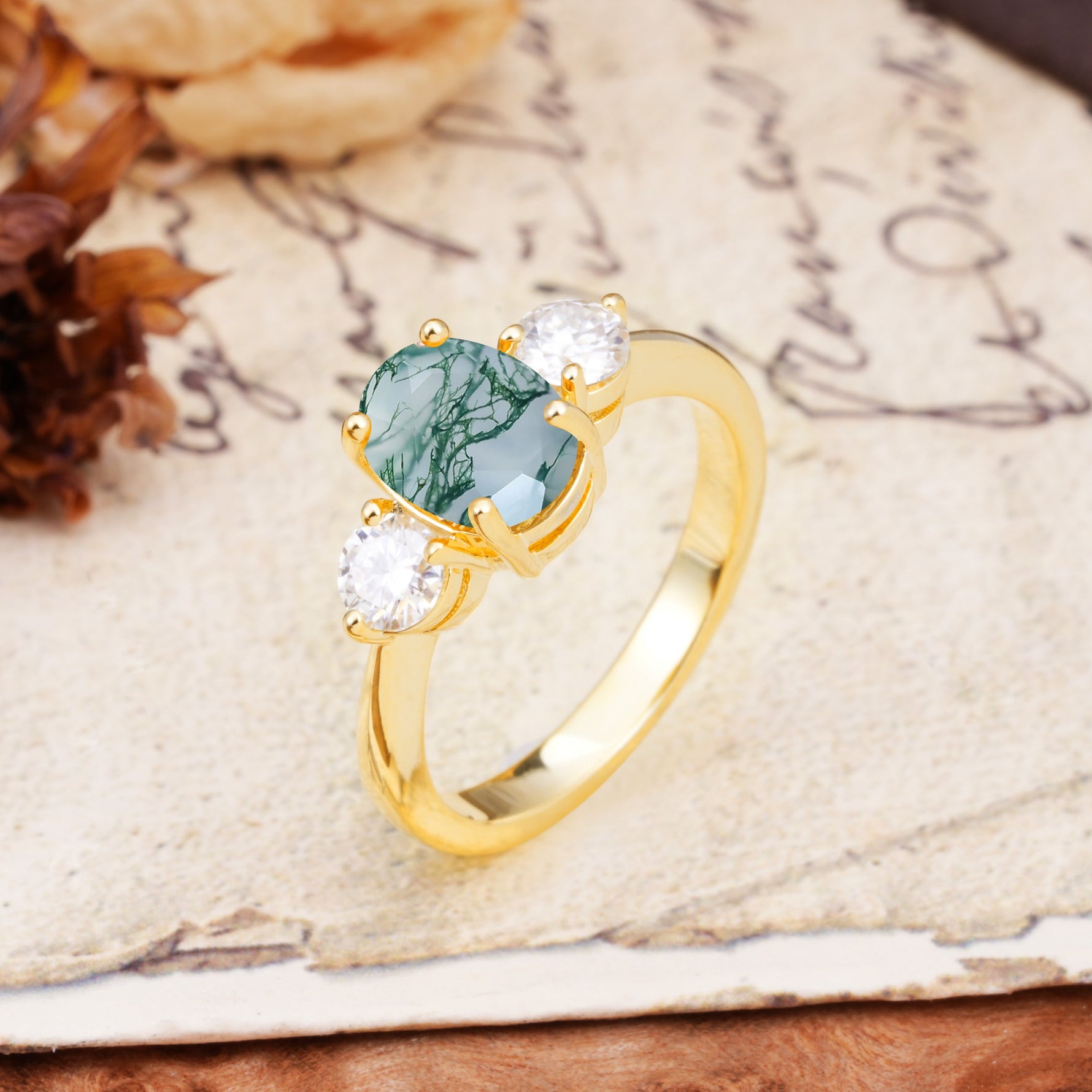 Luxurious Vintage 4-Prong Oval Cut Moss Agate Three Stones Engagement Ring - Additional view