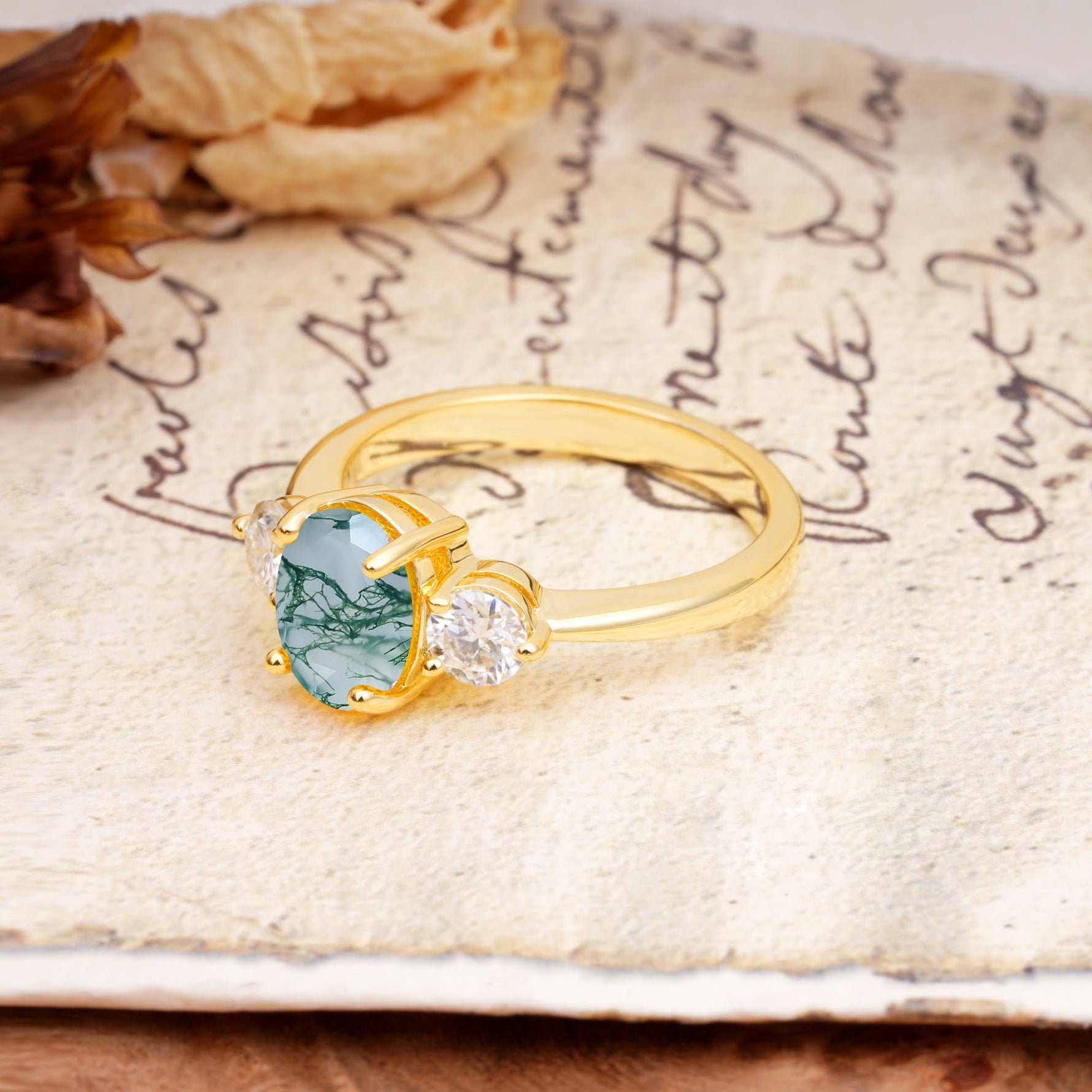 Luxurious Vintage 4-Prong Oval Cut Moss Agate Three Stones Engagement Ring - Additional view
