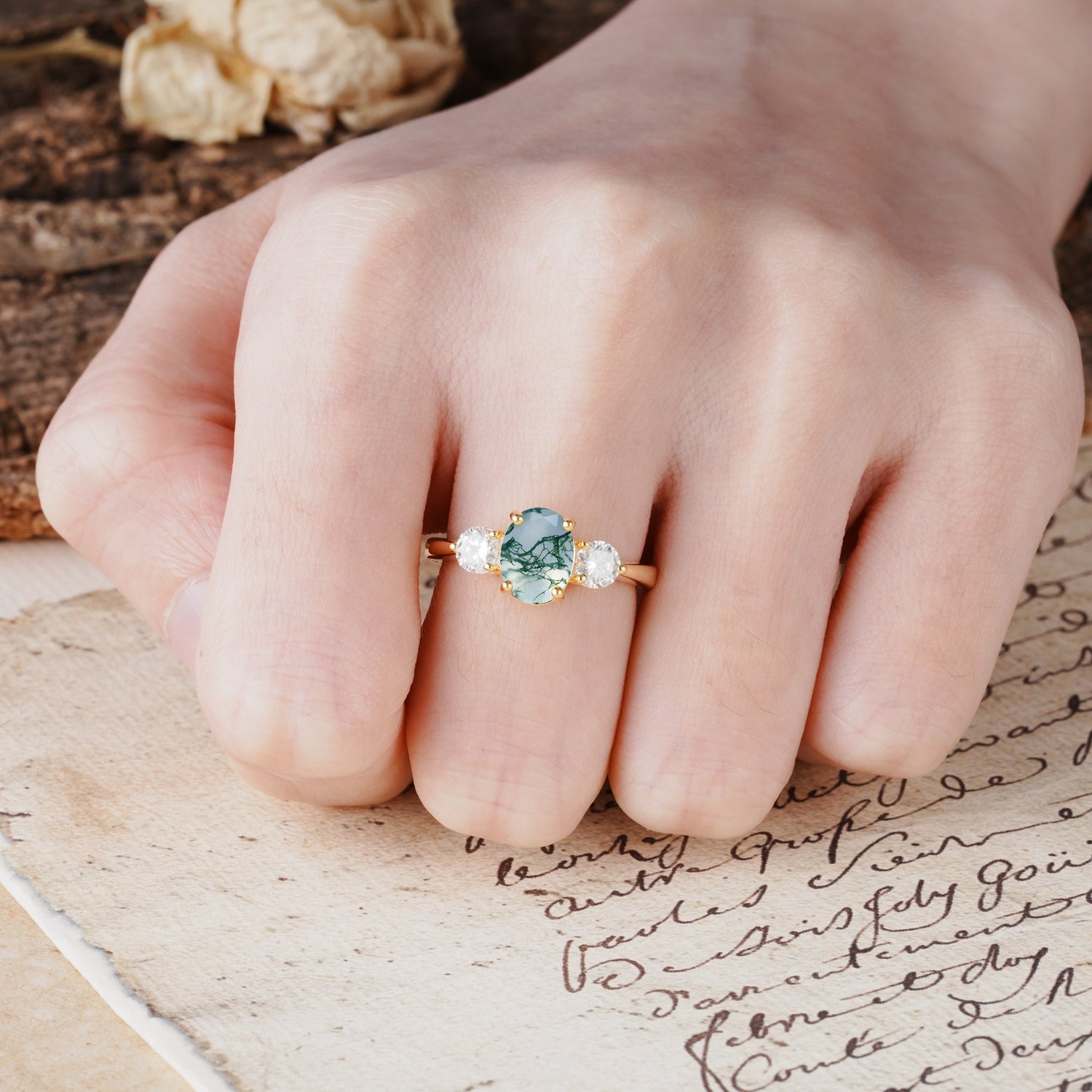 Luxurious Vintage 4-Prong Oval Cut Moss Agate Three Stones Engagement Ring - Additional view