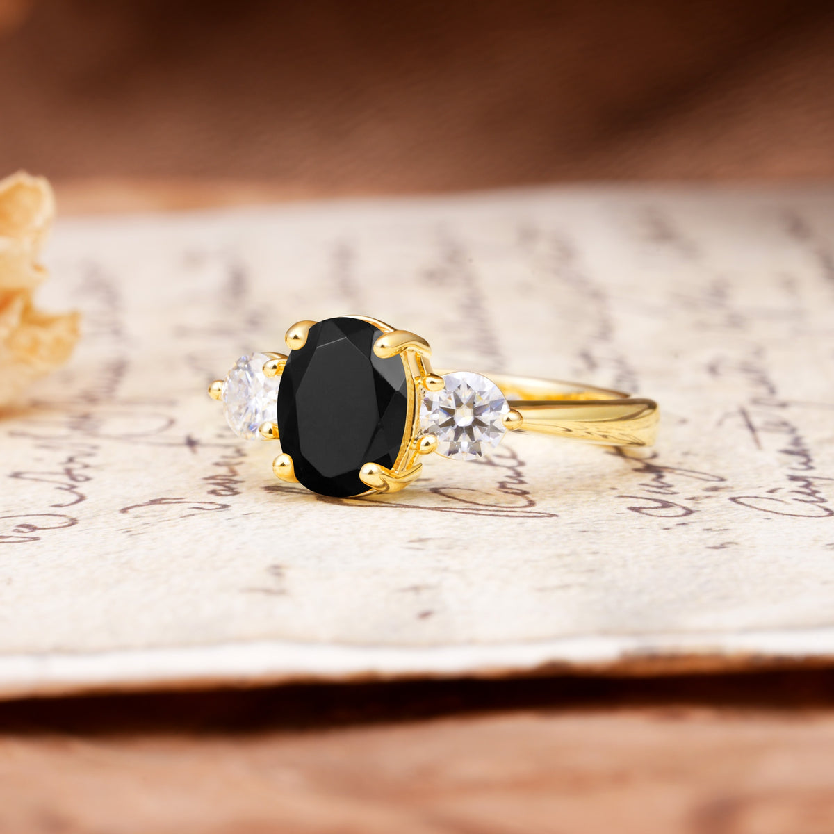 Luxurious Vintage 4-Prong Oval Cut Black Onyx Three Stones Engagement Ring - Additional view