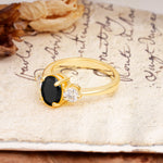 Luxurious Vintage 4-Prong Oval Cut Black Onyx Three Stones Engagement Ring - Additional view