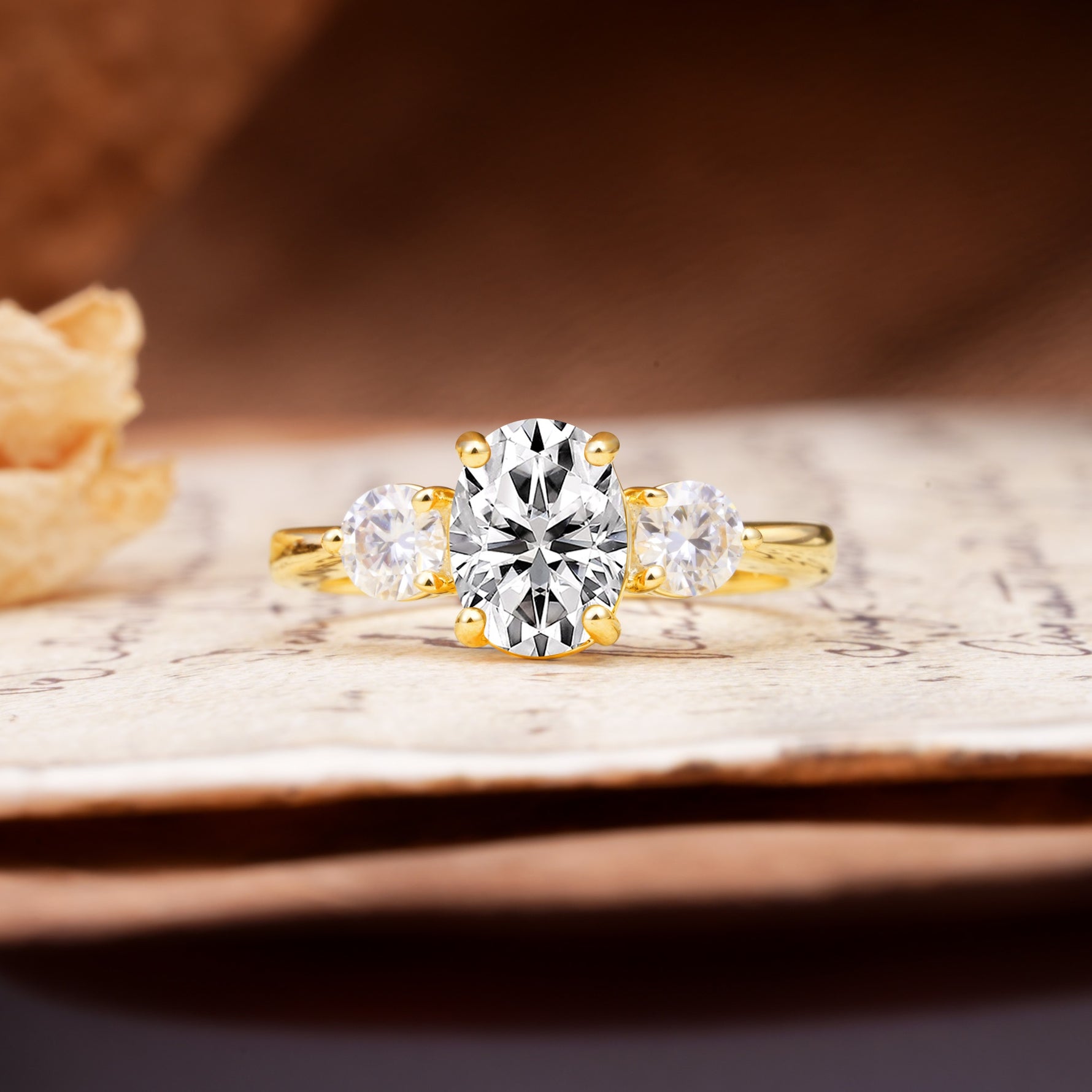 Luxurious Vintage 4-Prong Oval Cut Lab Diamond Three Stones Engagement Ring - Additional view