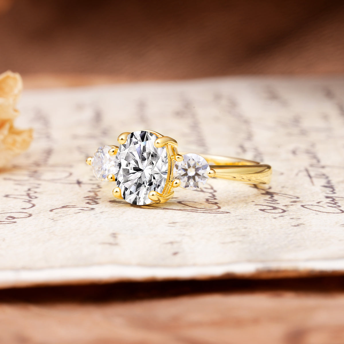 Luxurious Vintage 4-Prong Oval Cut Lab Diamond Three Stones Engagement Ring - Additional view