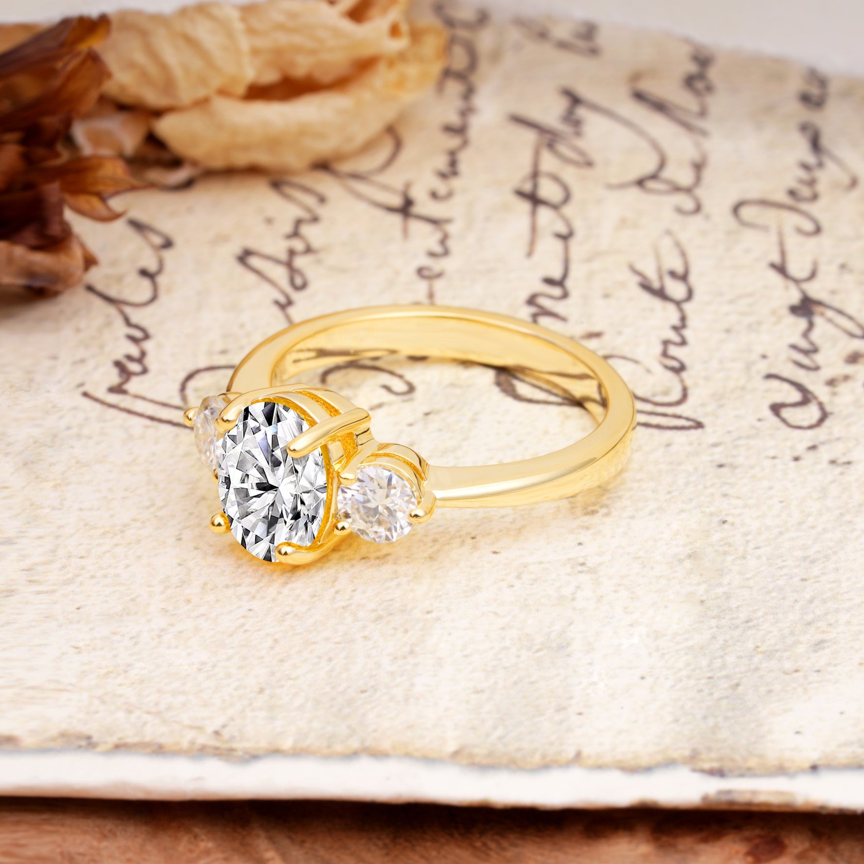 Luxurious Vintage 4-Prong Oval Cut Lab Diamond Three Stones Engagement Ring - Additional view