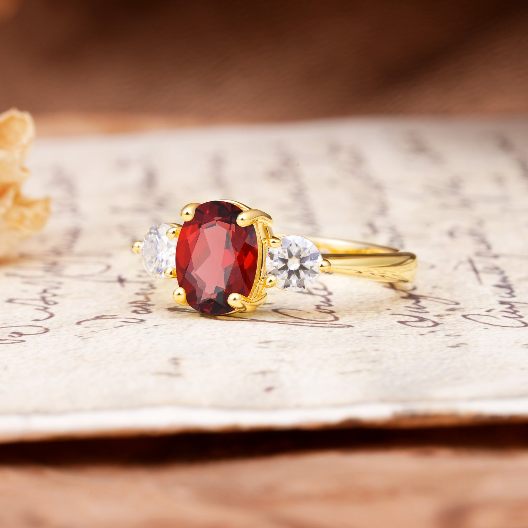 Luxurious Vintage 4-Prong Oval Cut Garnet Three Stones Engagement Ring - Additional view
