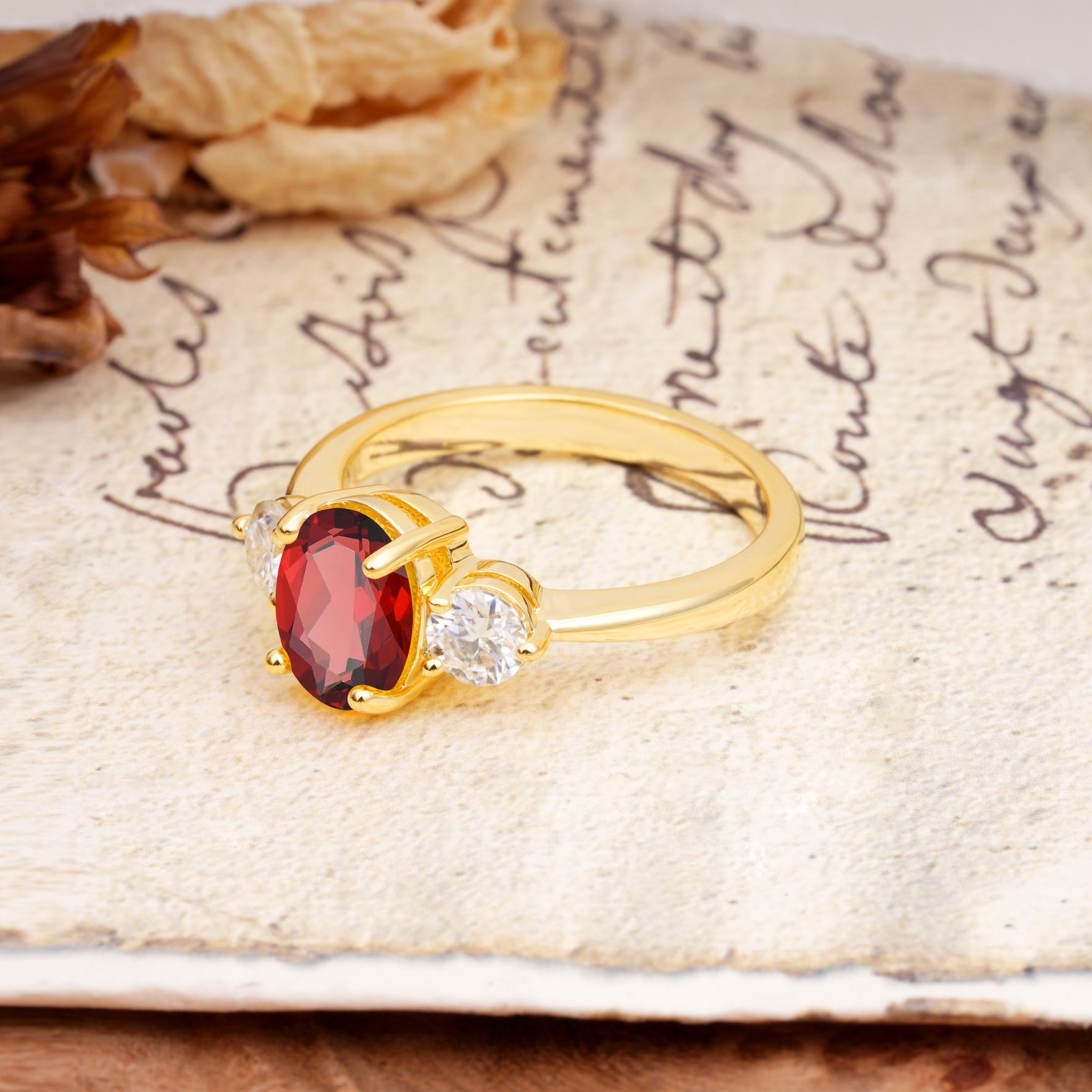 Luxurious Vintage 4-Prong Oval Cut Garnet Three Stones Engagement Ring - Additional view