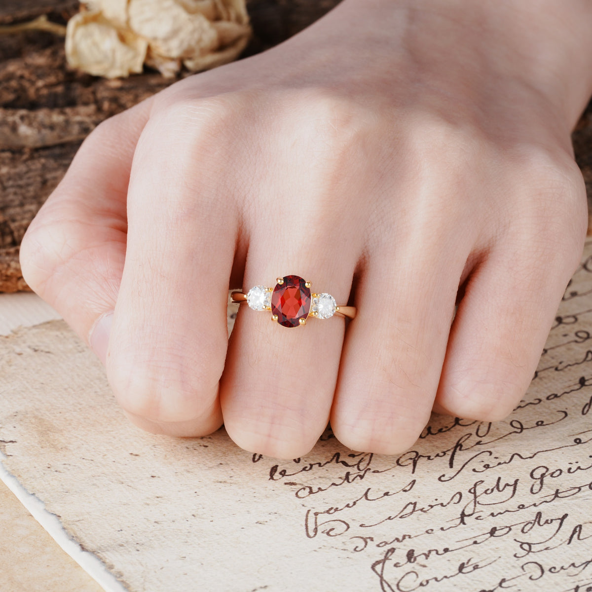 Luxurious Vintage 4-Prong Oval Cut Garnet Three Stones Engagement Ring - Additional view