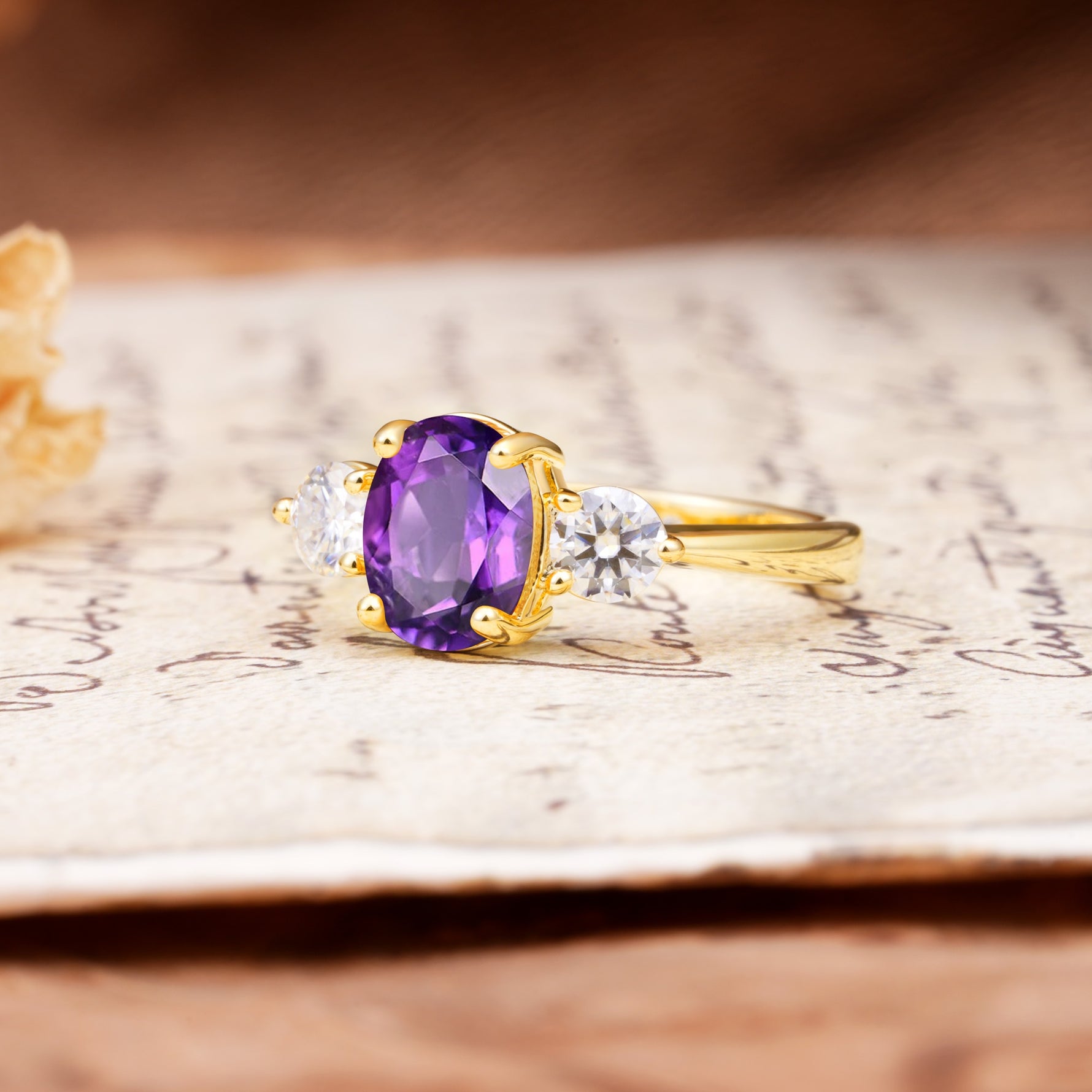 Luxurious Vintage 4-Prong Oval Cut Amethyst Three Stones Engagement Ring - Additional view