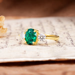 Luxurious Vintage 4-Prong Oval Cut Emerald Three Stones Engagement Ring - Additional view