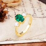 Luxurious Vintage 4-Prong Oval Cut Emerald Three Stones Engagement Ring - Additional view
