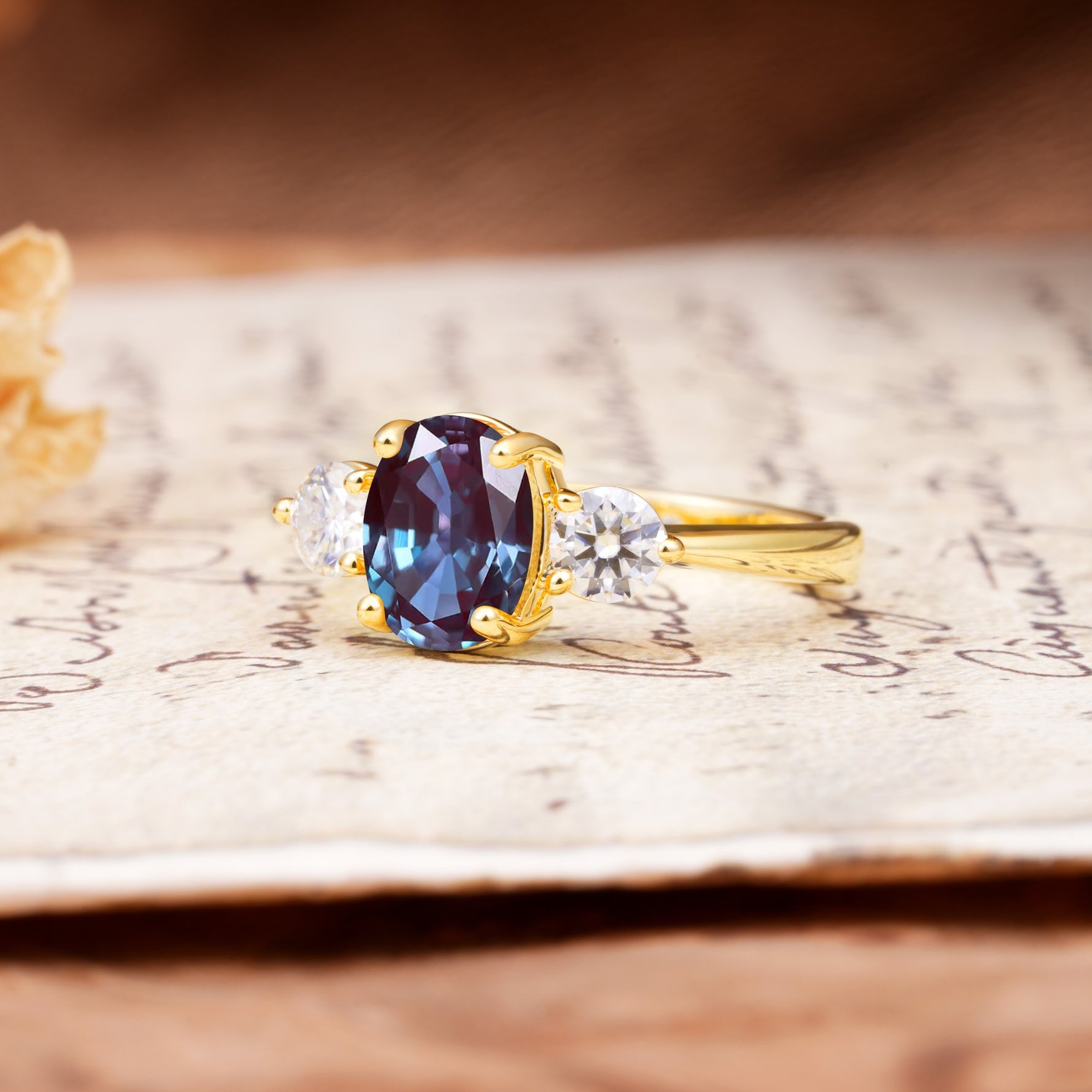 Luxurious Vintage 4-Prong Oval Cut Alexandrite Three Stones Engagement Ring - Additional view