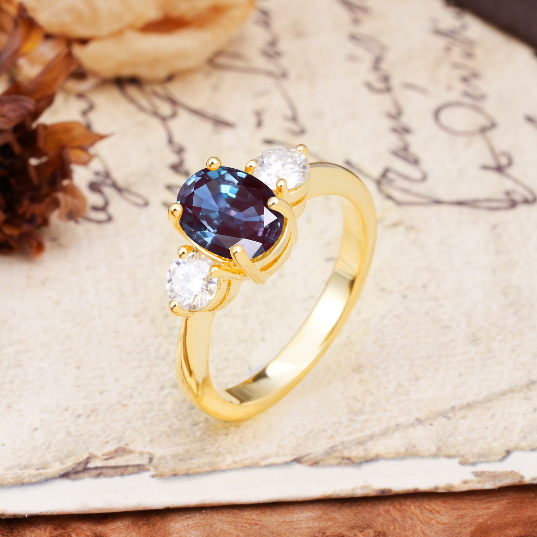 Luxurious Vintage 4-Prong Oval Cut Alexandrite Three Stones Engagement Ring - Additional view
