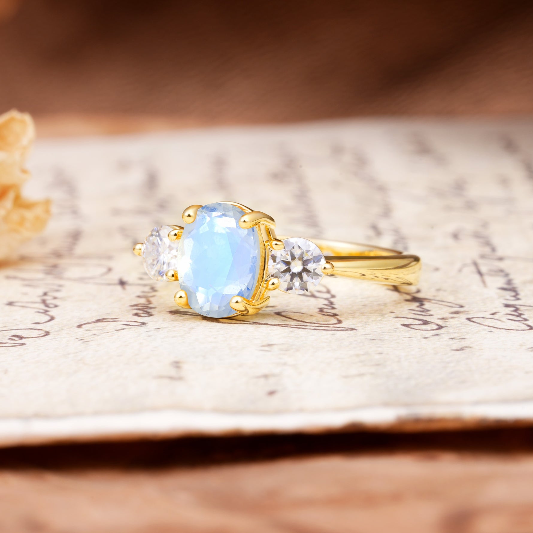 Luxurious Vintage 4-Prong Oval Cut Moonstone Three Stones Engagement Ring - Additional view