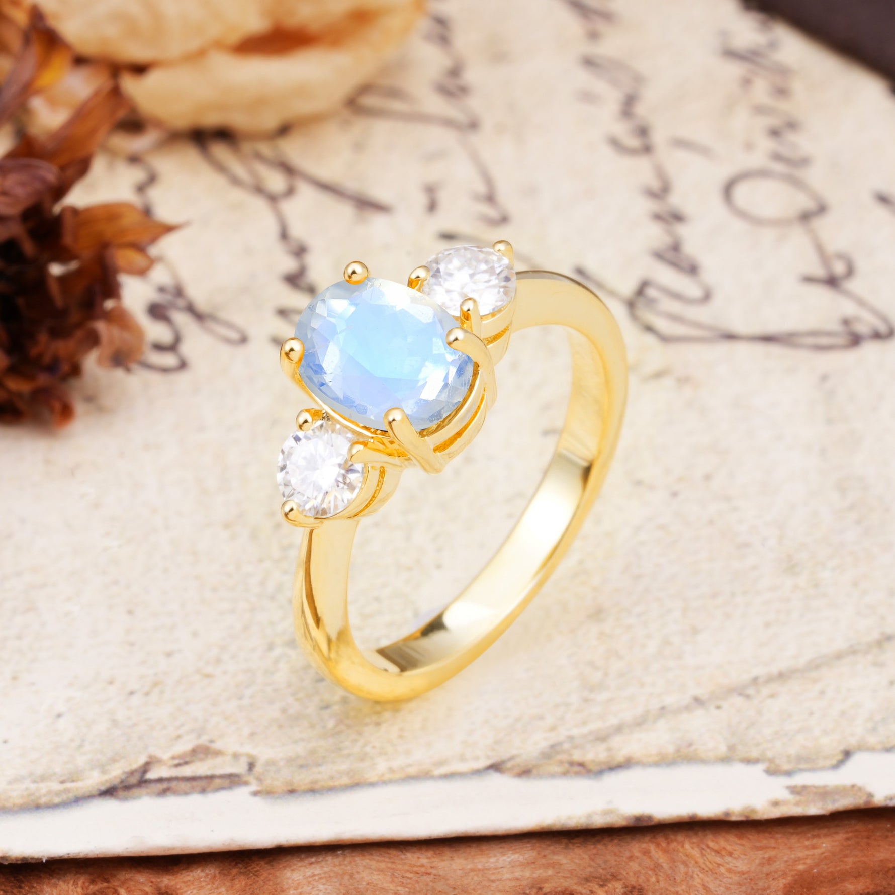 Luxurious Vintage 4-Prong Oval Cut Moonstone Three Stones Engagement Ring - Additional view