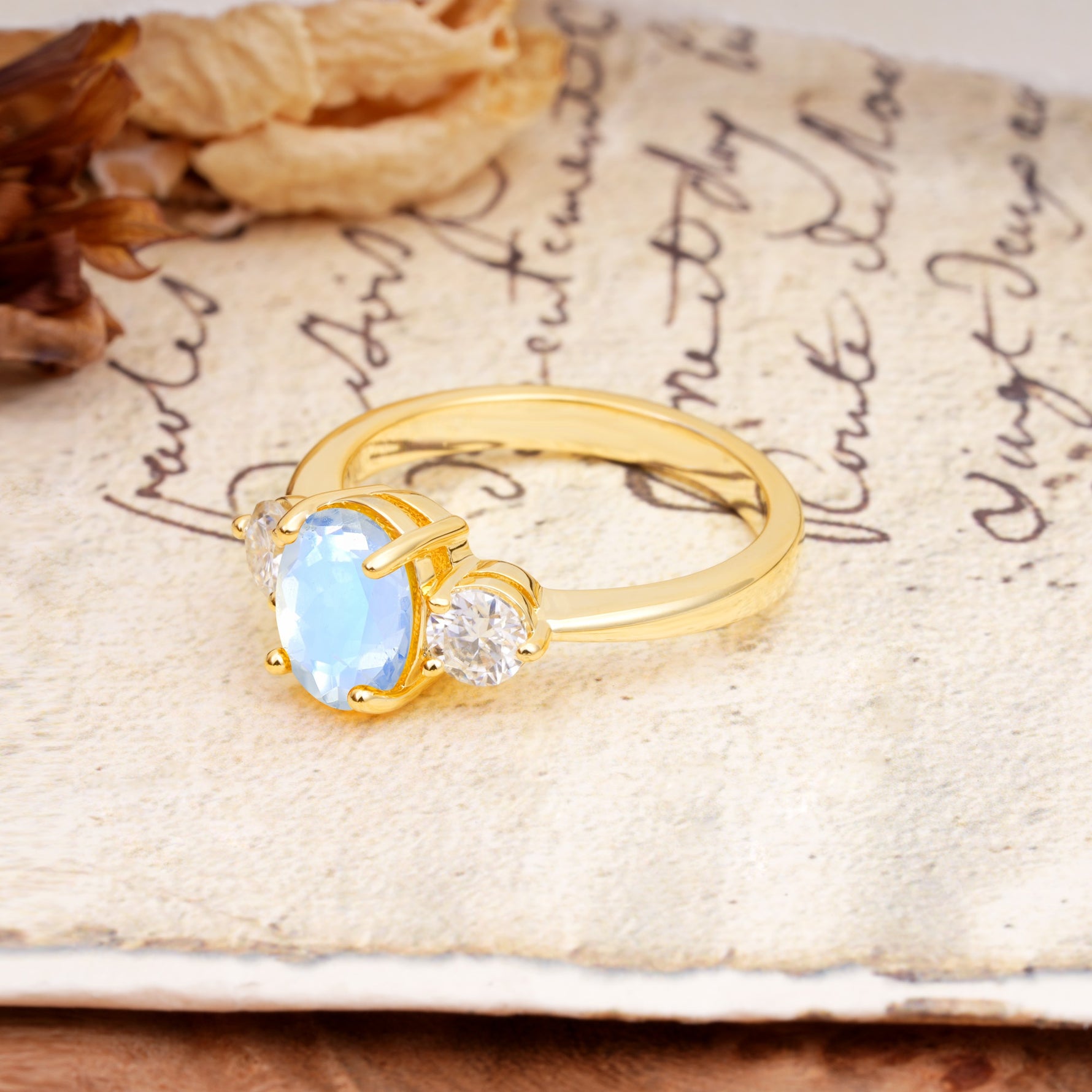 Luxurious Vintage 4-Prong Oval Cut Moonstone Three Stones Engagement Ring - Additional view