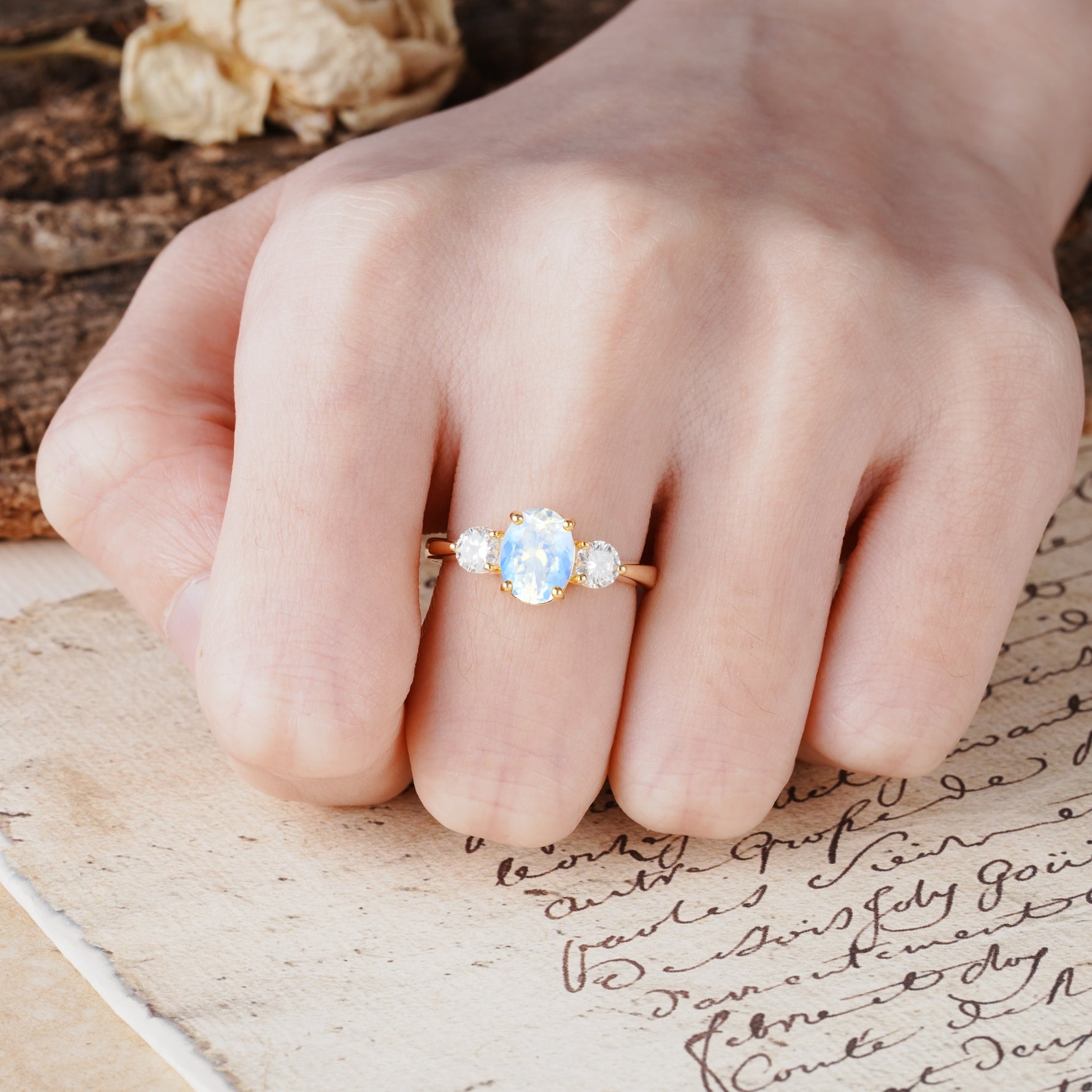 Luxurious Vintage 4-Prong Oval Cut Moonstone Three Stones Engagement Ring - Additional view