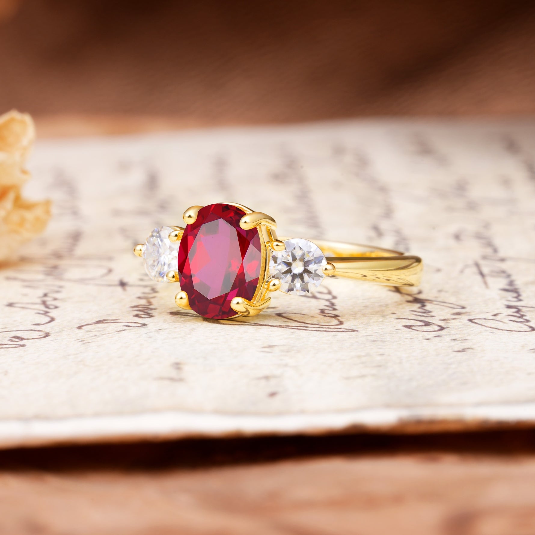 Luxurious Vintage 4-Prong Oval Cut Ruby Three Stones Engagement Ring - Additional view