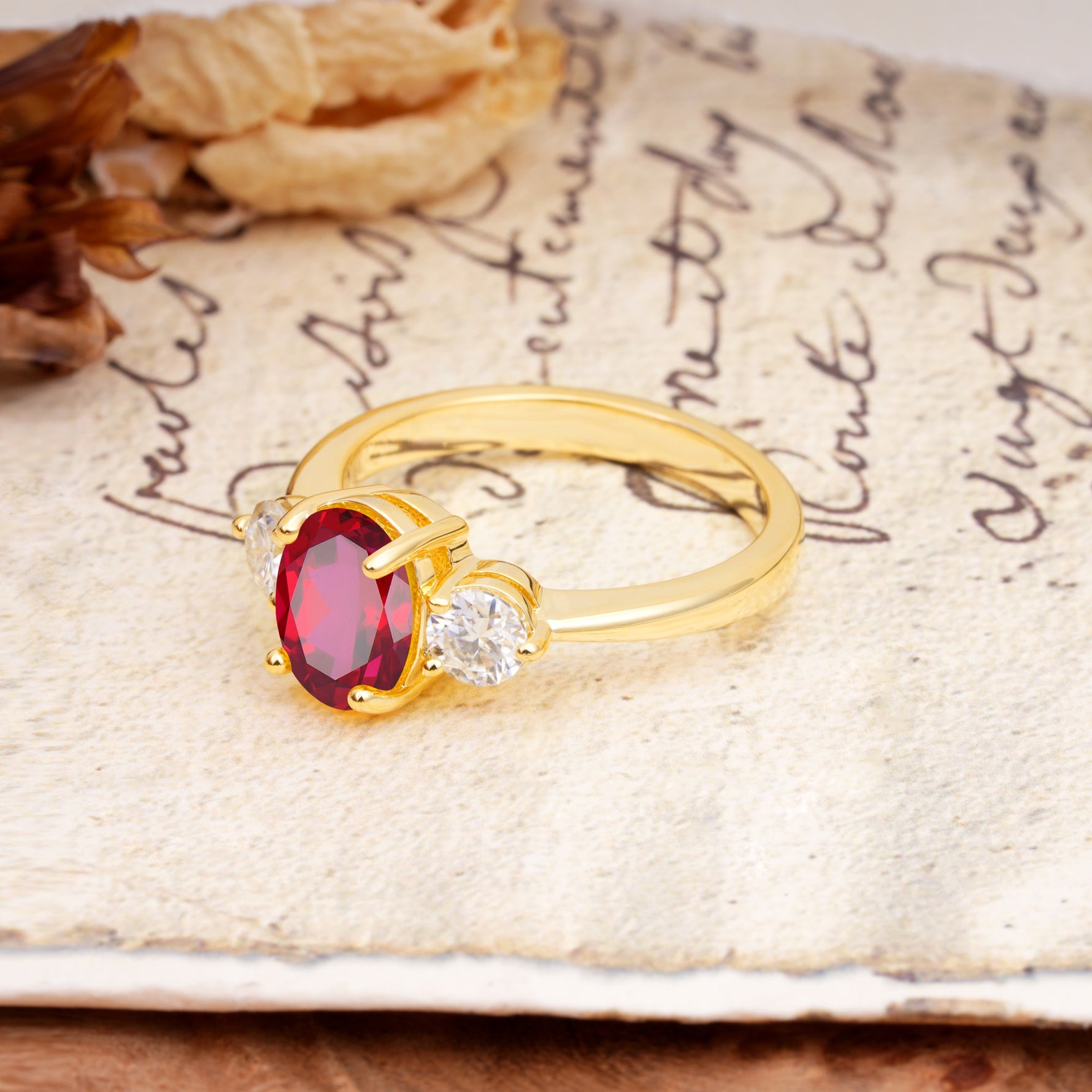 Luxurious Vintage 4-Prong Oval Cut Ruby Three Stones Engagement Ring - Additional view