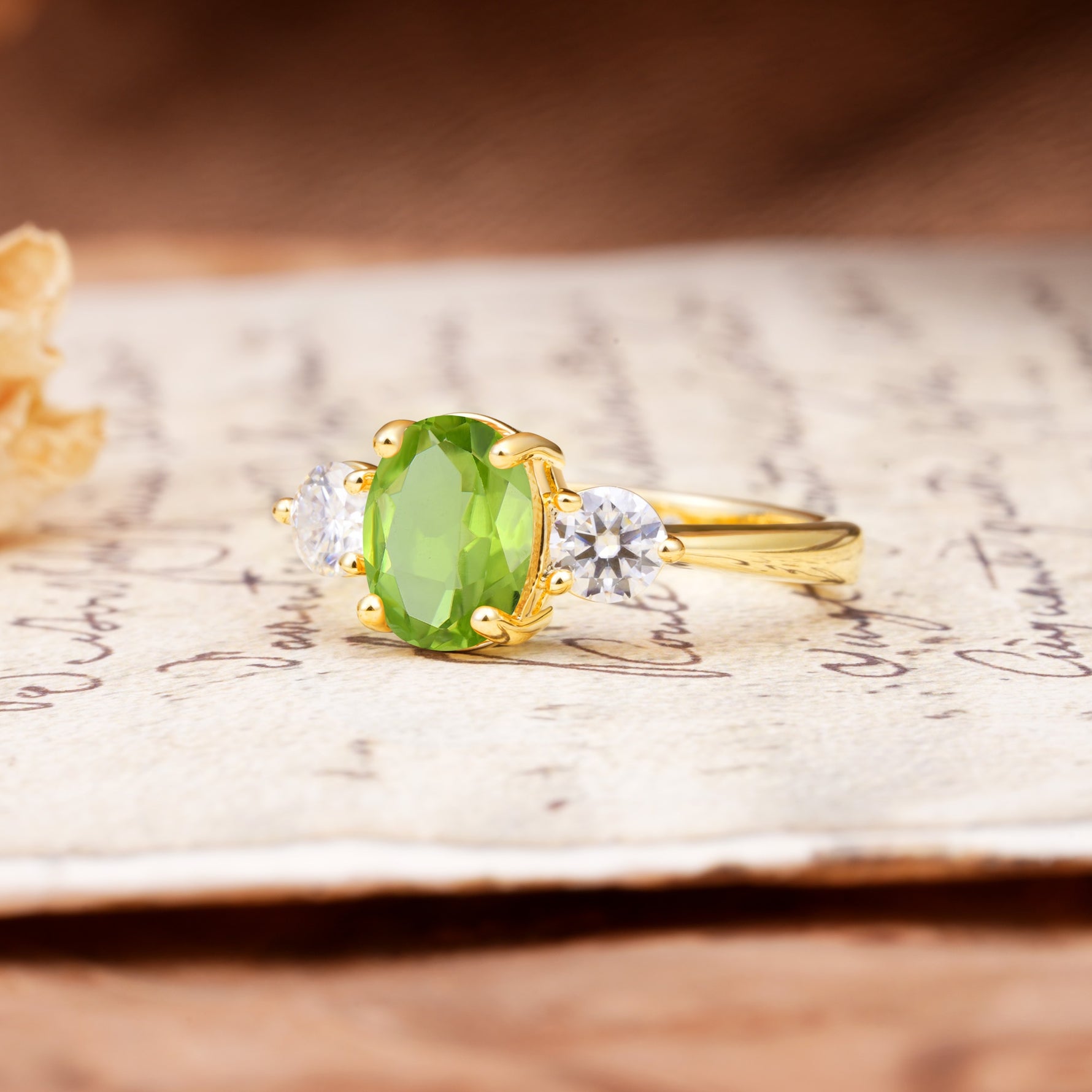 Luxurious Vintage 4-Prong Oval Cut Peridot Three Stones Engagement Ring - Additional view