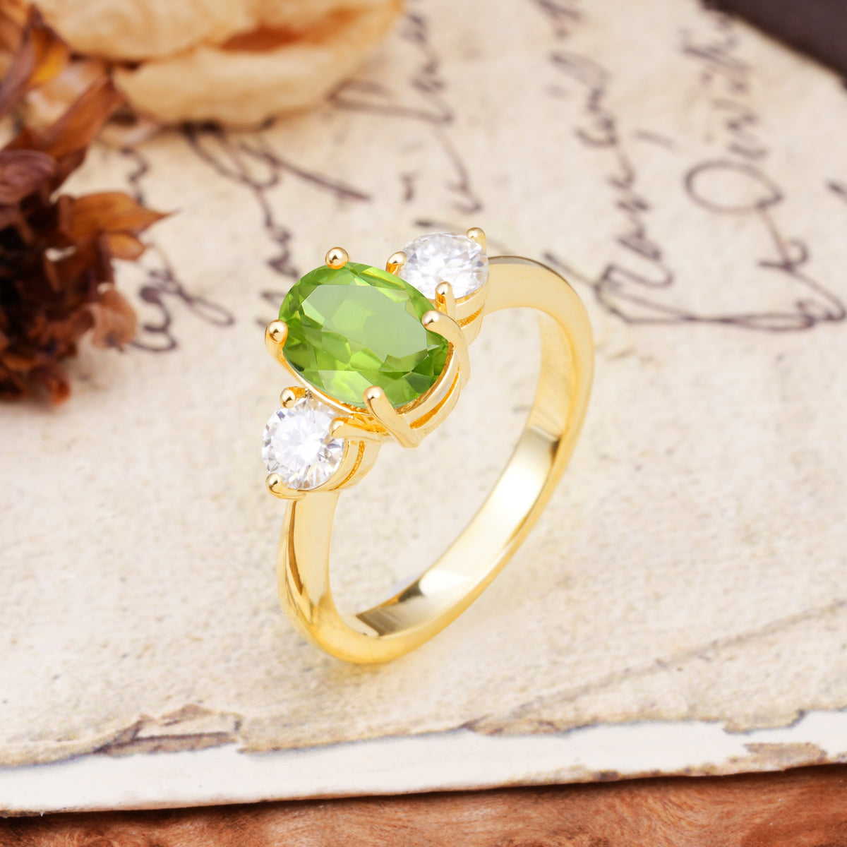 Luxurious Vintage 4-Prong Oval Cut Peridot Three Stones Engagement Ring - Additional view