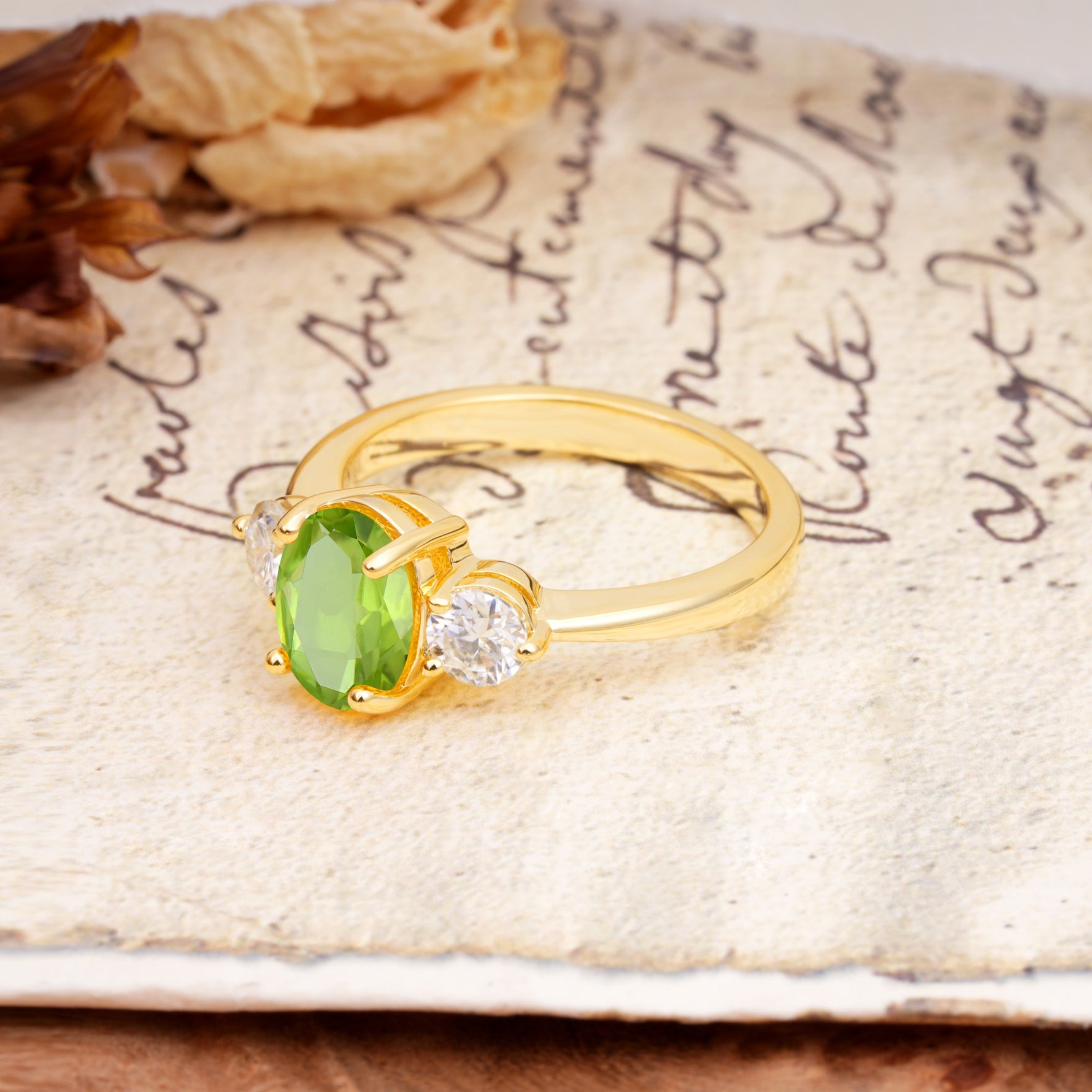 Luxurious Vintage 4-Prong Oval Cut Peridot Three Stones Engagement Ring - Additional view